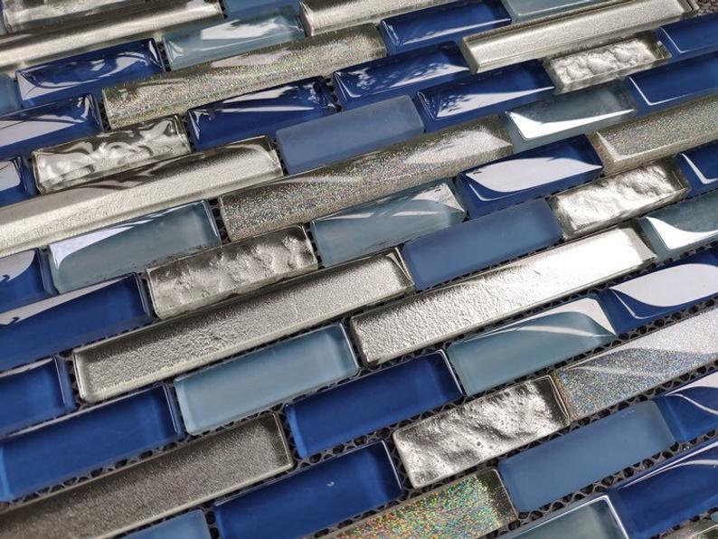 Interlocking Glass Kitchen Backsplash Tile JMFGT066 Blue Silver White Crystal Glass Mosaic Bathroom Tiles