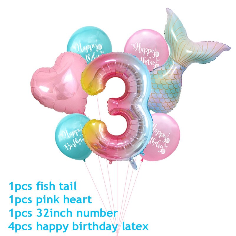 7pcs/lot Mermaid Party Balloons Number Foil Balloon Kids Birthday Party Decorations Baby Shower Decor Helium Globos supplies: 3
