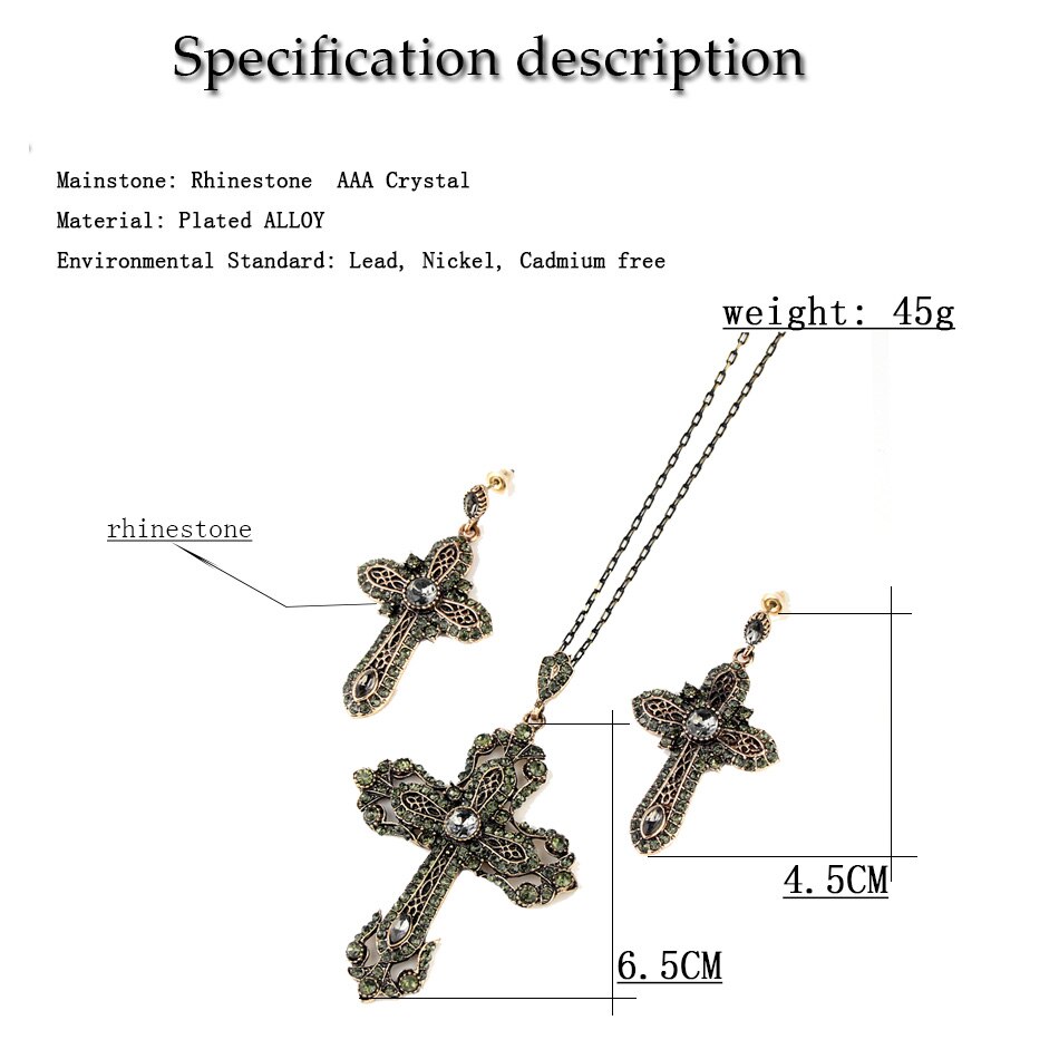 Sunspicems Vintage Grijs Rhinestone Cross Hanger Ketting Earring Sets Voor Vrouwen Religieuze Kerk Sieraden Turkse