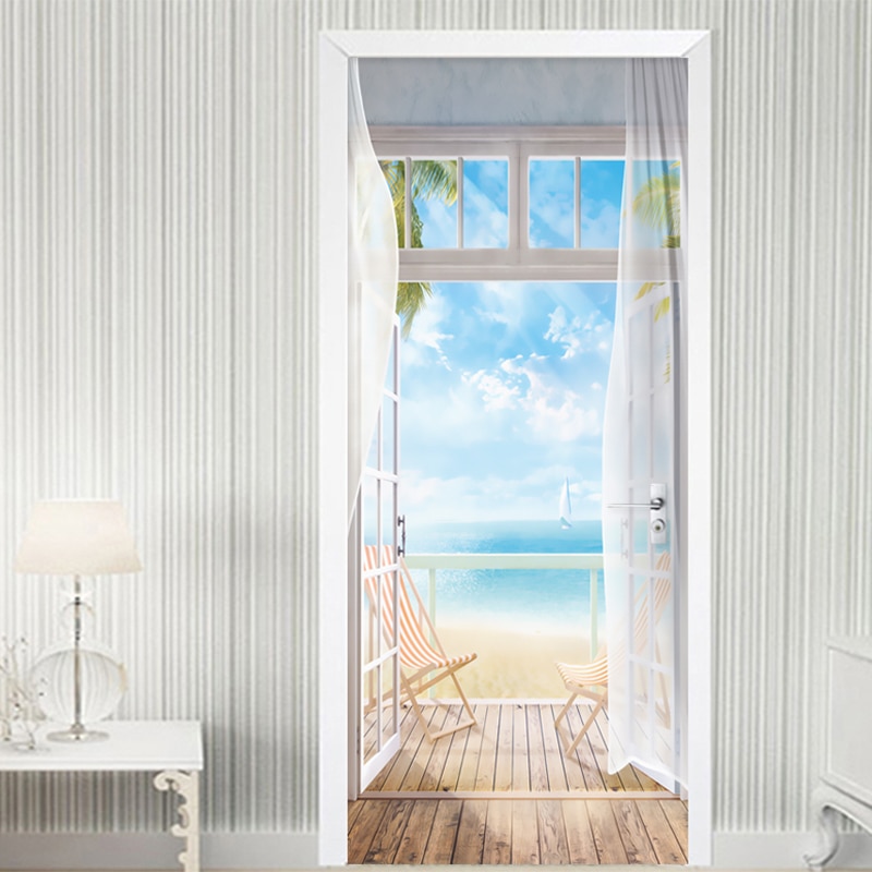 PVC Self-Adhesive Waterproof Door Sticker Modern Seascape Outside Mural Wallpaper Living Room Bedroom Door Poster 3D Home Decor