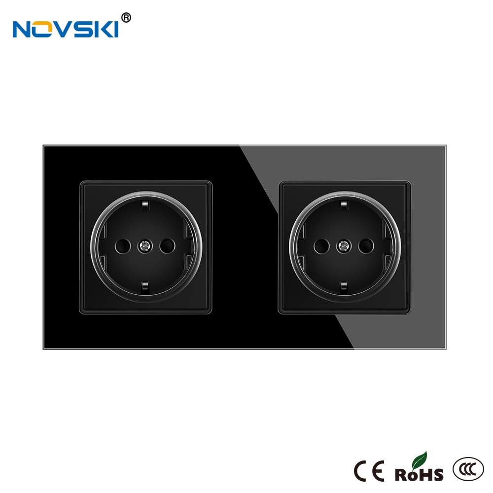 EU Wall Crystal Glass Black Panel Power Socket Triple German Plug Grounded, 16A Quadruple Electrical Socket, 15 Years Warranty