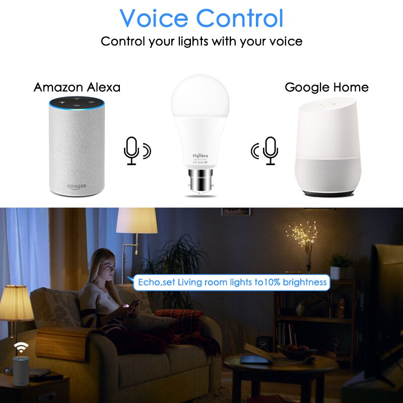 15W B22 LED Light Bulb WiFi APP Remote Control Smart Home Light Bulb AC 85-265V Timed Lamp Compatible Alexa and Google Assistant