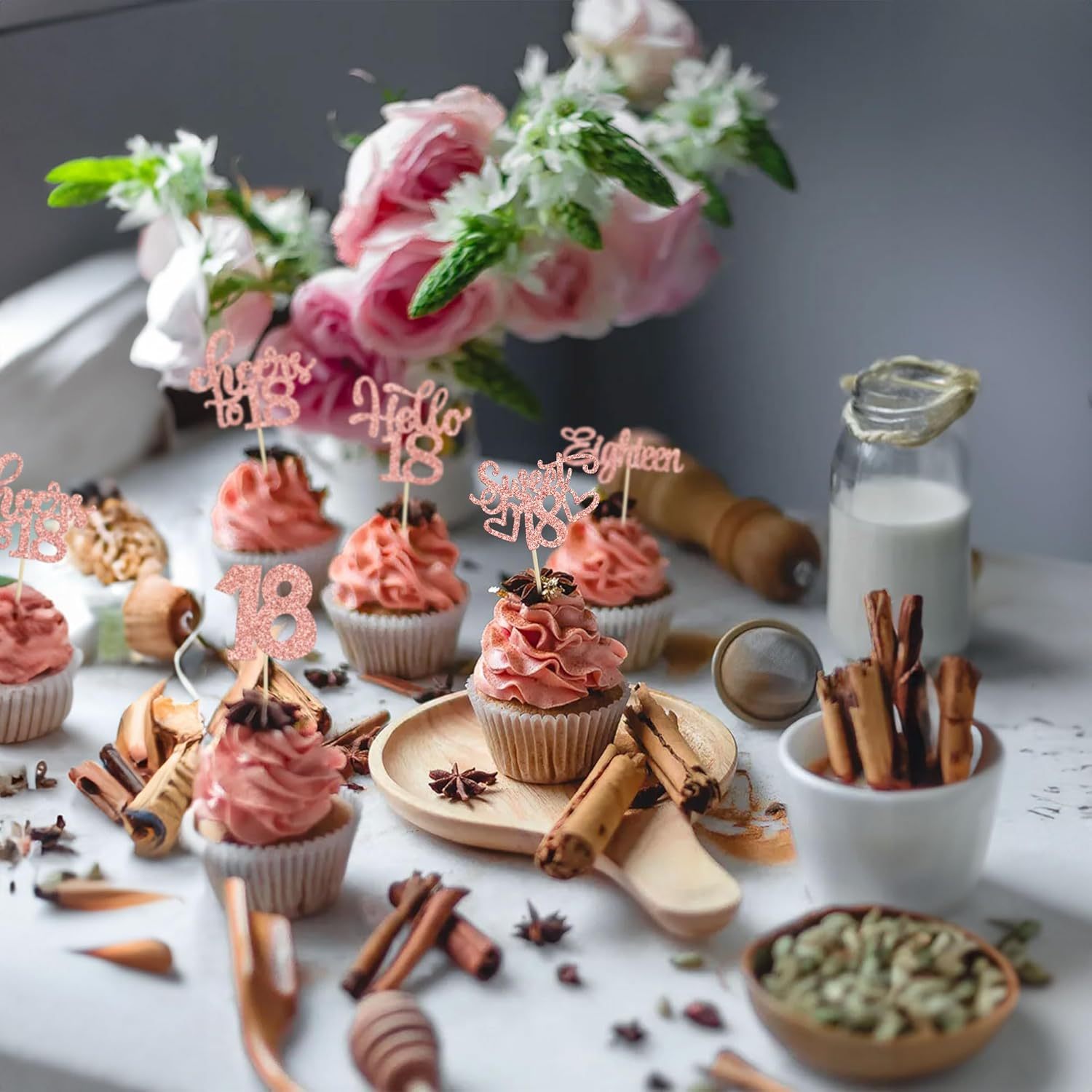 15 Uds. De recoger magdalenas felices del siglo XVIII, dulces 18 saludos a 18 decoraciones de pasteles para suministros de de aniversario de cumpleaños