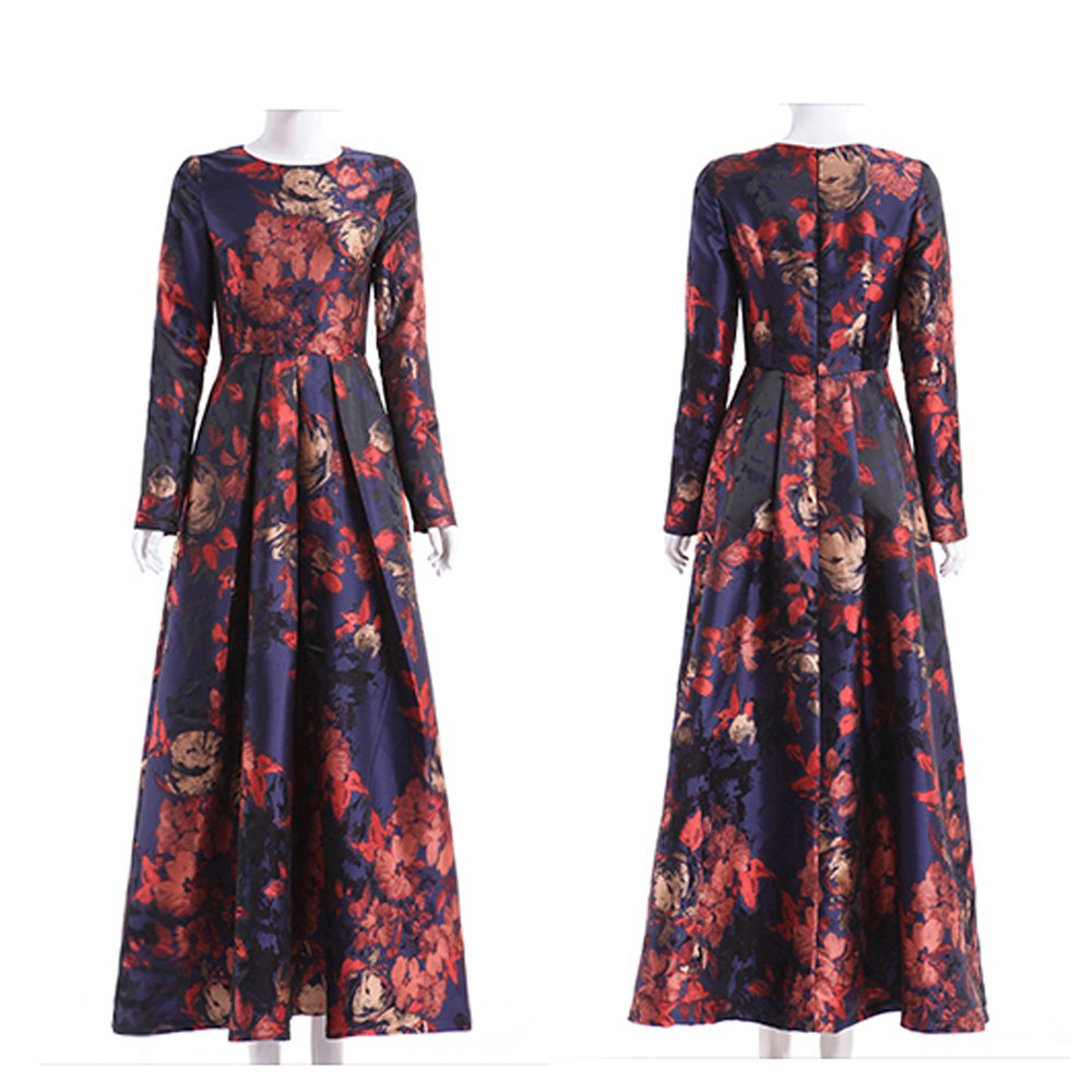 Plus Size Moslim Vrouwen Lange Mouw Lange Maxi Dubai Abaya Jurk Mode Bloemen Jacquard Jurk Fall Vintage S-4XL
