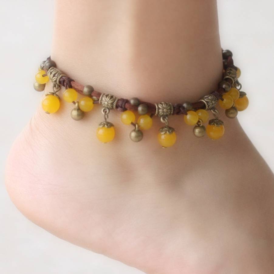 Bracelet de cheville indien en pierre élastique pour femmes, fait à la main, en perles de cuivre, style Boho, pour la plage, bijoux pour le pied