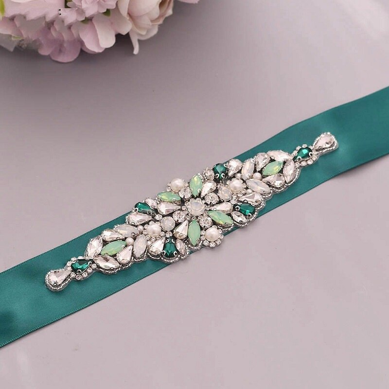 Grün Strass Braut Gürtel Schärpe Hochzeit Kleid Gürtel Kristall Applikationen für Brautjungfer Kleid Abendkleid bestido de noche B39