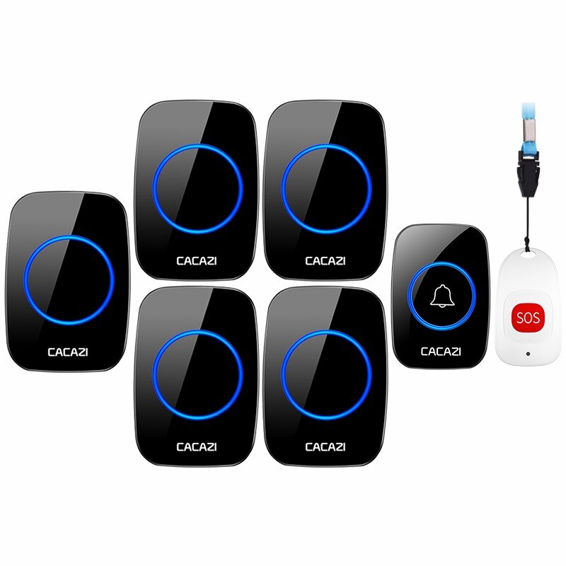 CACAZI Smart Home Wireless Pager Doorbell Old man Emergency Alarm 80m Remote Call Bell 1 Button 1 Pager 5 Receiver US EU UK Plug