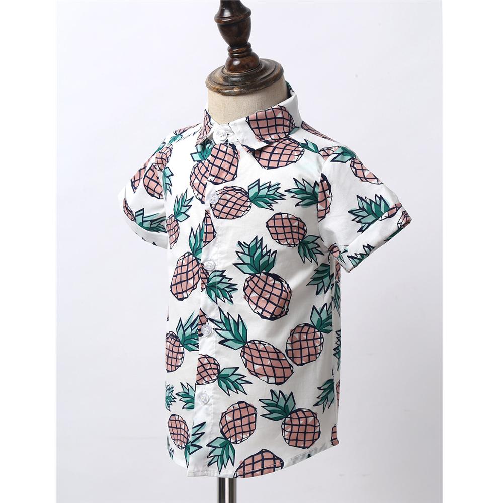 Bebé de verano de los muchachos de algodón de manga corta Camiseta de piña impresa Spread Collar botón Top bajo playa camisa Casual