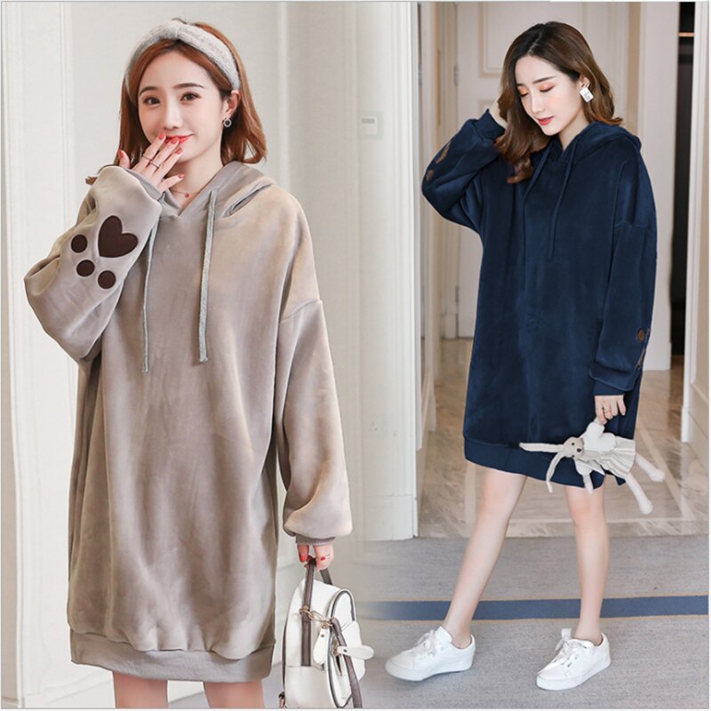 Maternity Velvet Hoodies Tops Rabbit Hooded velvet sweater Dress Autumn Winter Pregnancy Clothes Coat Hoodie For Pregnant Women