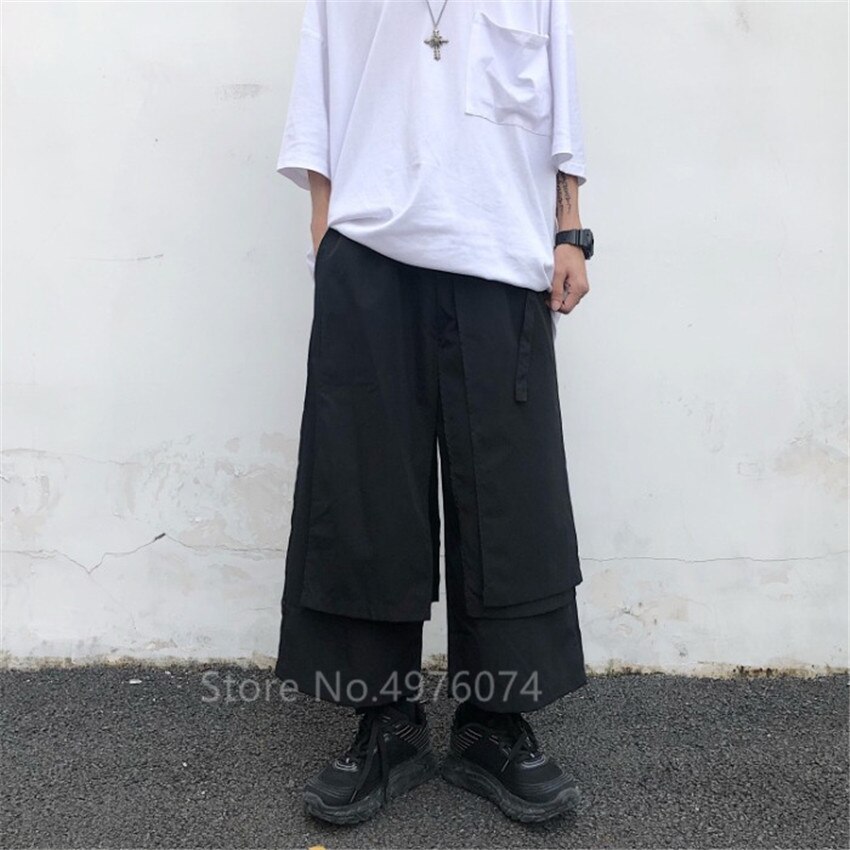 Pantalones de pierna ancha de estilo japonés para hombre, Pantalón recto Irregular, Harajuku, negro, ropa de samurái, Unisex, estilo Hip Hop urbano