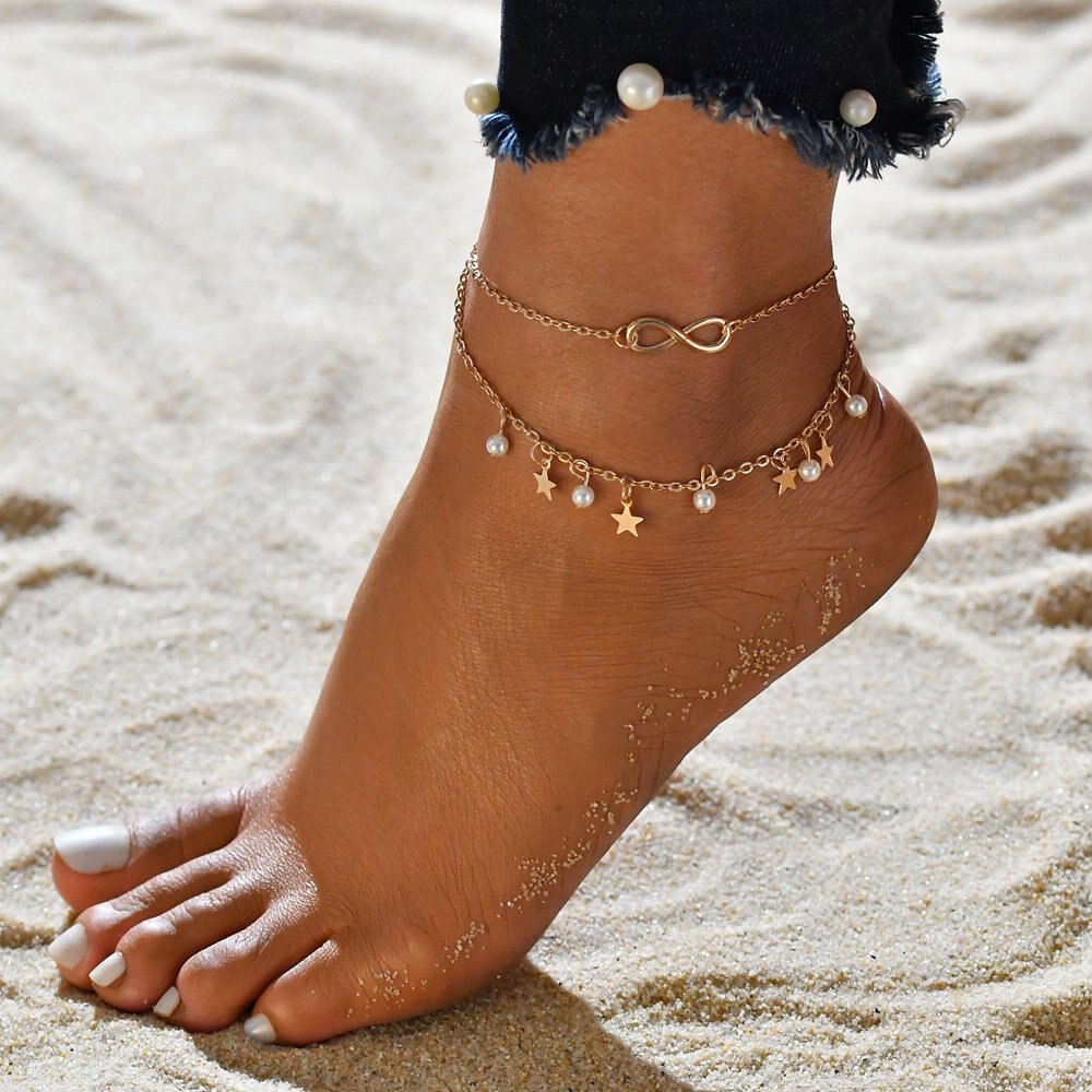 Bohemian Gold Color Infinity Star Leg Bracelet for Women Vintage each Anklet Summer Pearl Beads Sandals Brides Shoes Barefoot