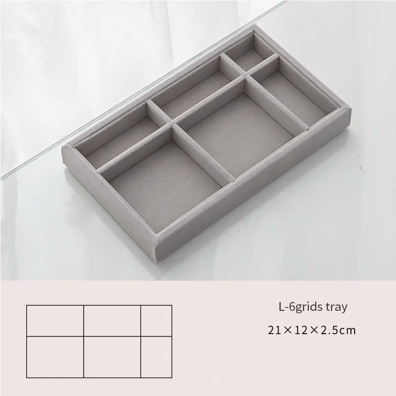 Caja de joyería artesanal hecha a mano, cajón organizador de almacenamiento de joyas de terciopelo suave gris, pendientes, collar, colgante, pulsera, bandeja, 9 opciones: L 6grids tray