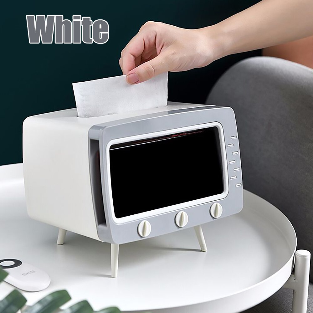 TV Tissue Box Desktop Tissue Paper Organiser Box Dispenser Storage Home Office Napkin Holder With Mobile Phone Stand: white
