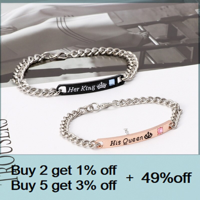 2Pcs Jewely His Queen Her King Black Rose Gold Color Women's Male Chain Crystal Couple Bracelet