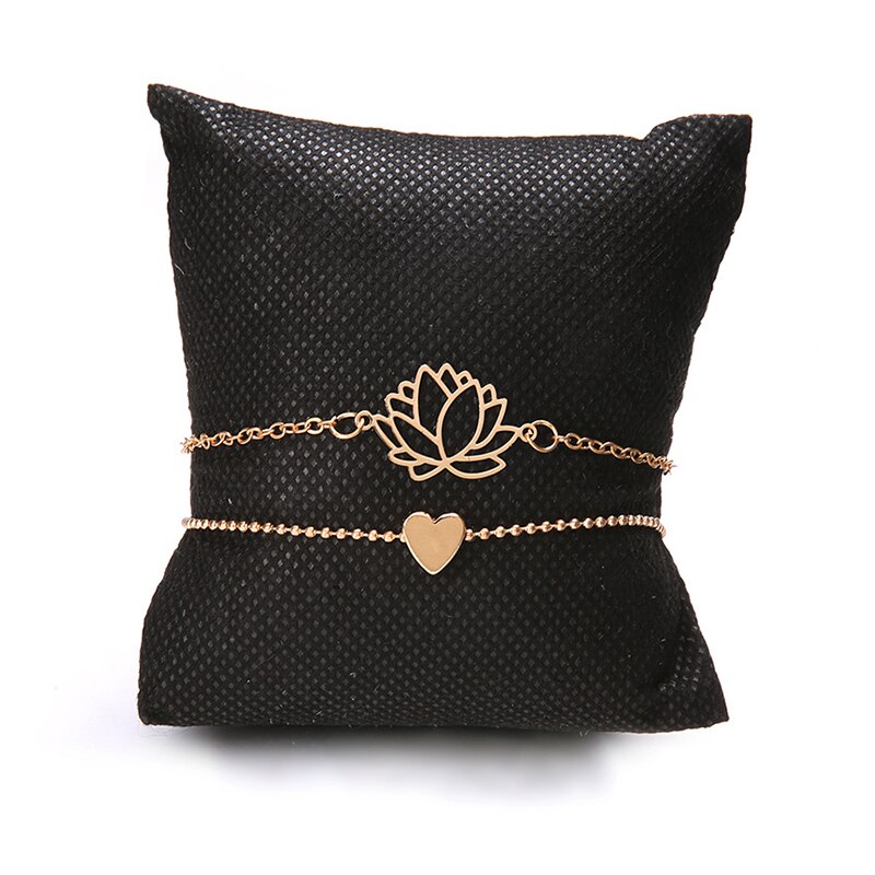 2 unids/set Simple ahueca hacia fuera Lotus pulseras encantadoras mujeres de oro en forma de corazón pulsera de cadena romántico de joyas de
