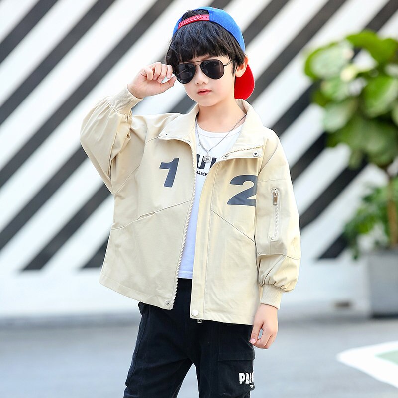 Chaquetas de para niños, abrigos de otoño con estampado de letras, rompevientos de estilo coreano para niños, ropa de 6, 8, 10 y 12 años: Beige / 7