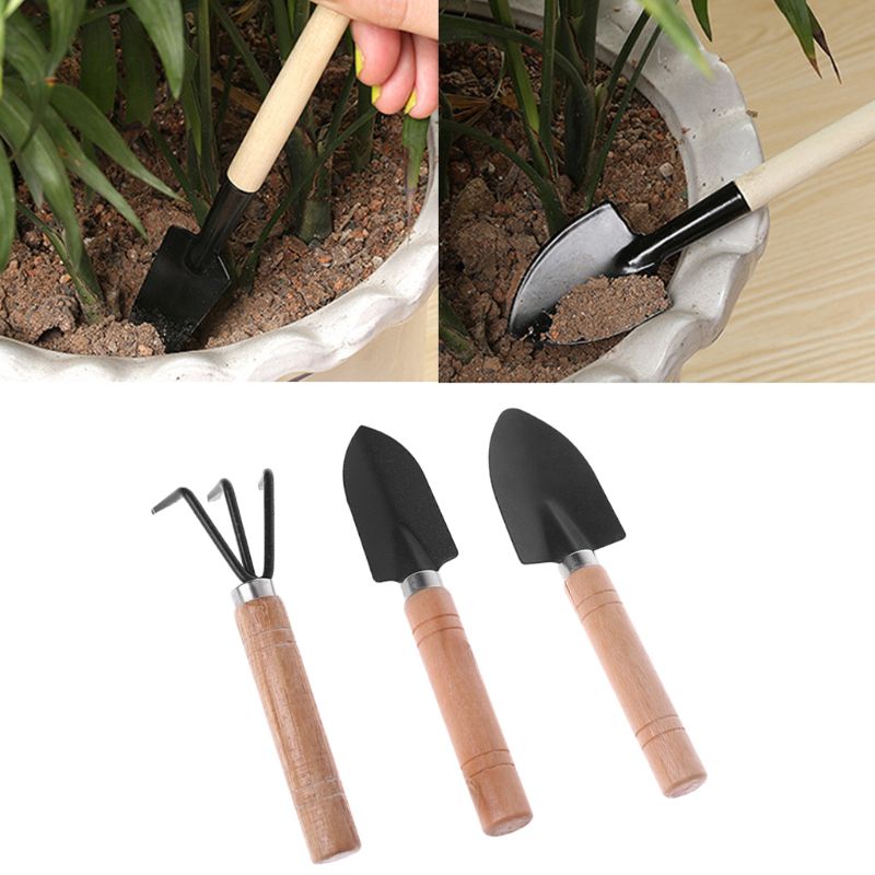 3 stk mini haveskovl rive spade erramientas bonsai værktøjssæt træskaft til blomster potteplan-dls
