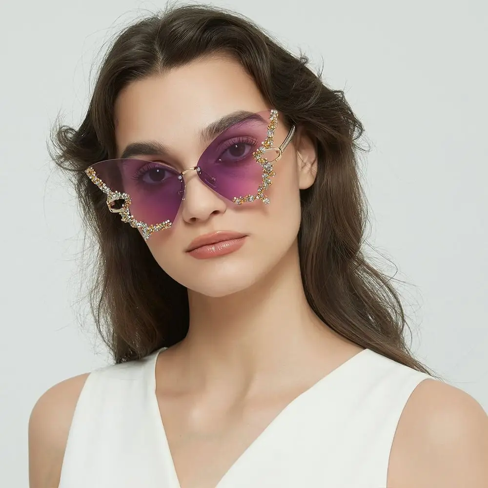 Gafas de sol sin montura con diamantes de imitación vintage para mujer: gafas de mujer Y2K Bling Shades
