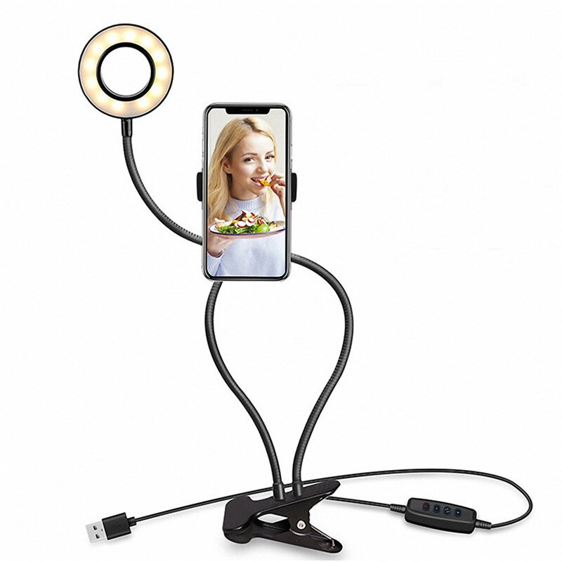 Led Video Fotografie Selfie Ring Licht Dimbare Licht Clip Desktop Licht Verlichting Met Telefoon Houder Usb Ring Lamp Make Selfie: Black