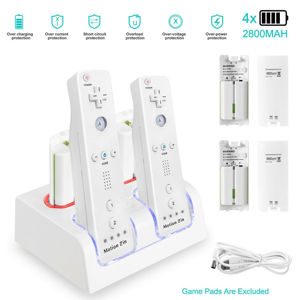 4 in 1 ledd fjärrkontroll laddningsstation  + 4 x 2800 mah batteri för wii u