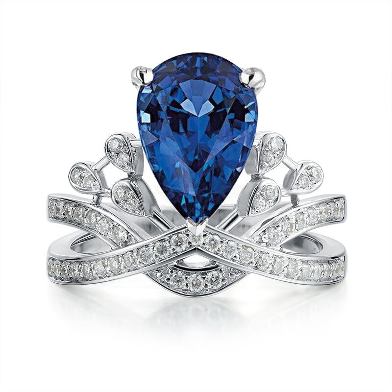 Luxury Female Big Zircon Stone Ring Classic Queen Crown Ring Vintage Wedding Bands Promise Love Engagement Rings For Women: 6 / Blue