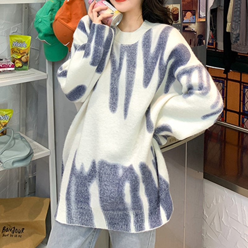 Grønn print strikket genser kvinner vintage grønn stripet genser overdimensjonerte gensere kvinner streetwear løse lange gensere sueter: Hvit