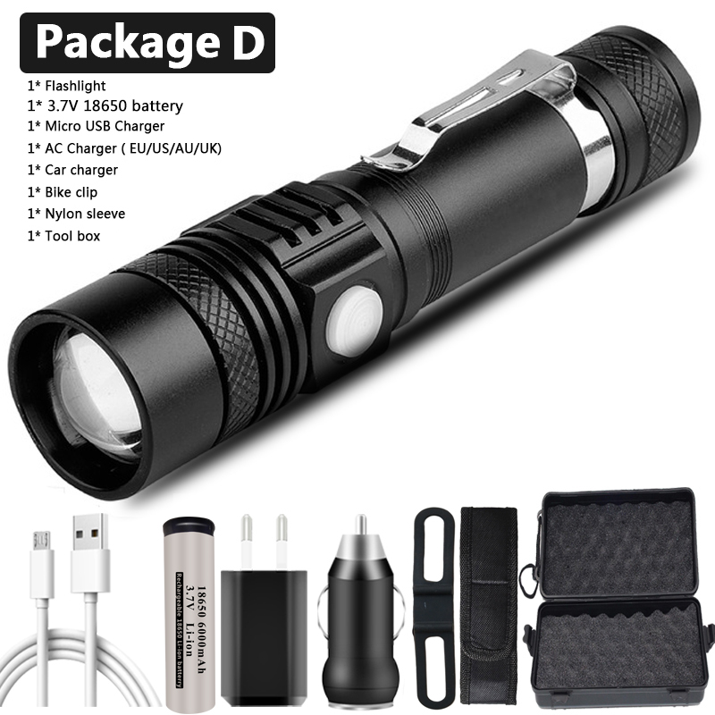 Linterna LED ultrabrillante con XP-L V6, lámpara LED ultrabrillante de XP-L V6, con cuentas, a prueba de agua con zoom, 4 modos de iluminación, carga USB multifunción: L / RGB