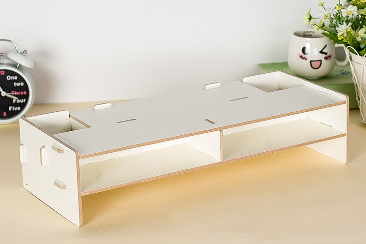 Assembled Computer Monitor Rack 3 Layers Wood Office Table Organizer for Pen/Keyboard/Stationery Laptop Tray 48*20*11.5cm: White