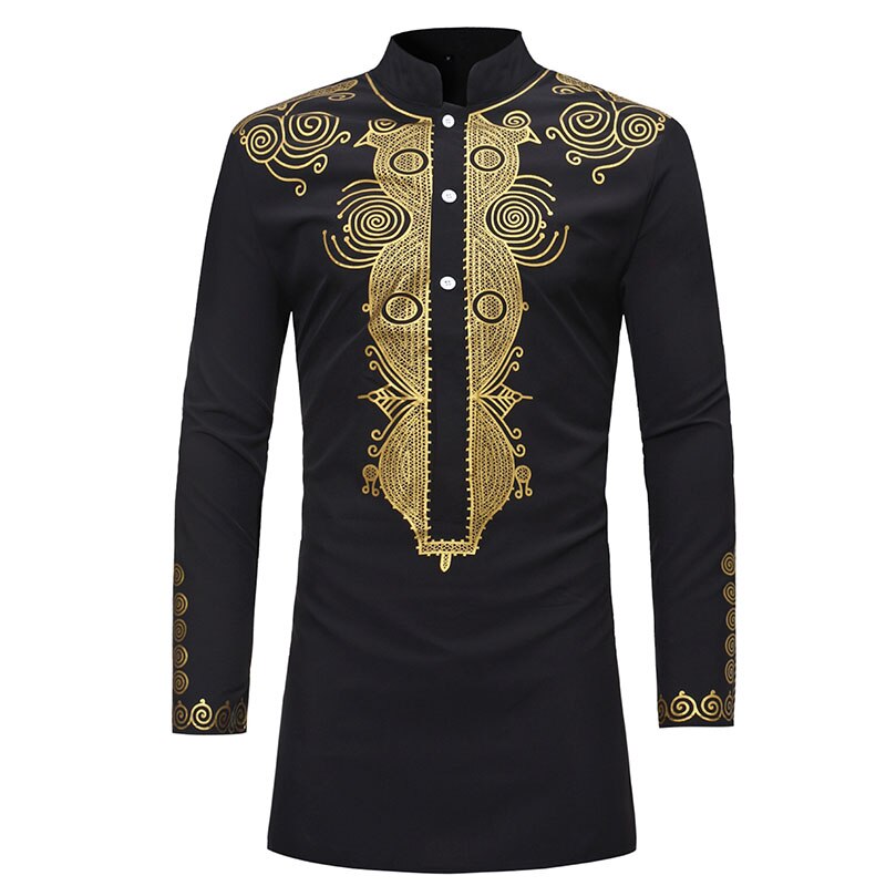 Herre afrikansk sort gyldent dashiki print med lange ærmer knap skjorte høj krave tribal folk slids tunika toppe til voksen plus størrelse