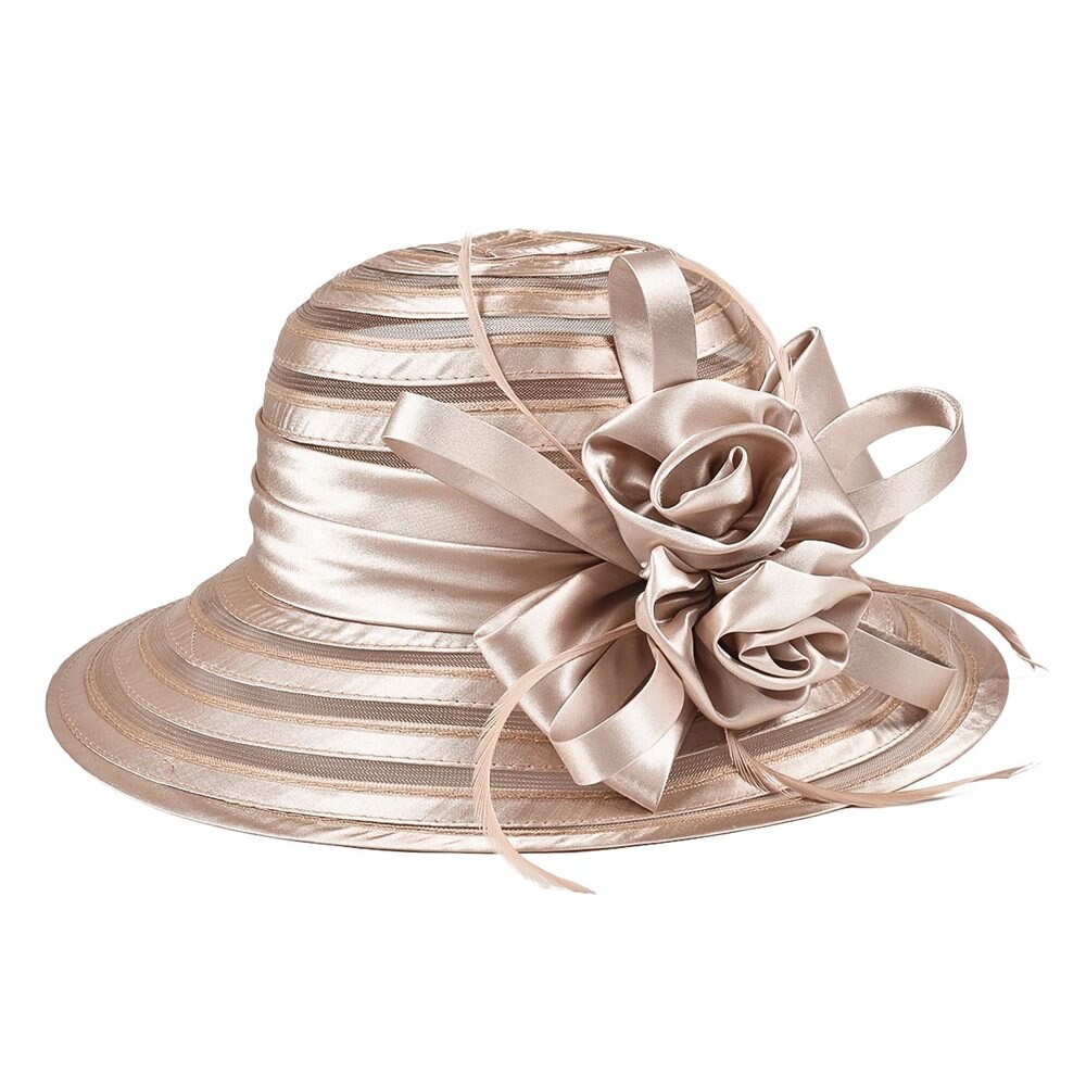 VOBOOM Organza été chapeau femmes vert large bord Protection solaire mariage église mer plage chapeaux rayure dames chapeau arc fleur 001