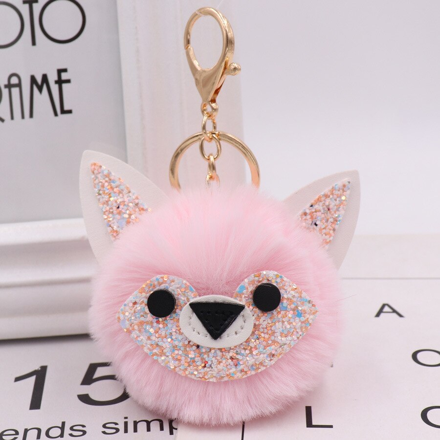 Automne et hiver Style Jade visage renard sac porte-clés modèle Pom-pom porte-clés porte-clés femmes sac pendentif: 6 Pink  Gold Tone Chain Buckle