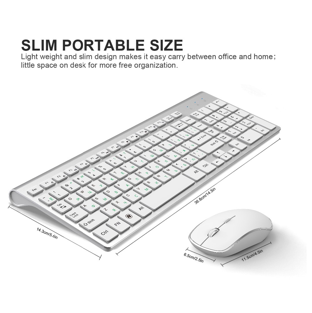 Russian layout 2.4G Wireless Keyboard and Mouse Set,Ergonomic USB Portable slim , full size Keyboard Mouse silver white