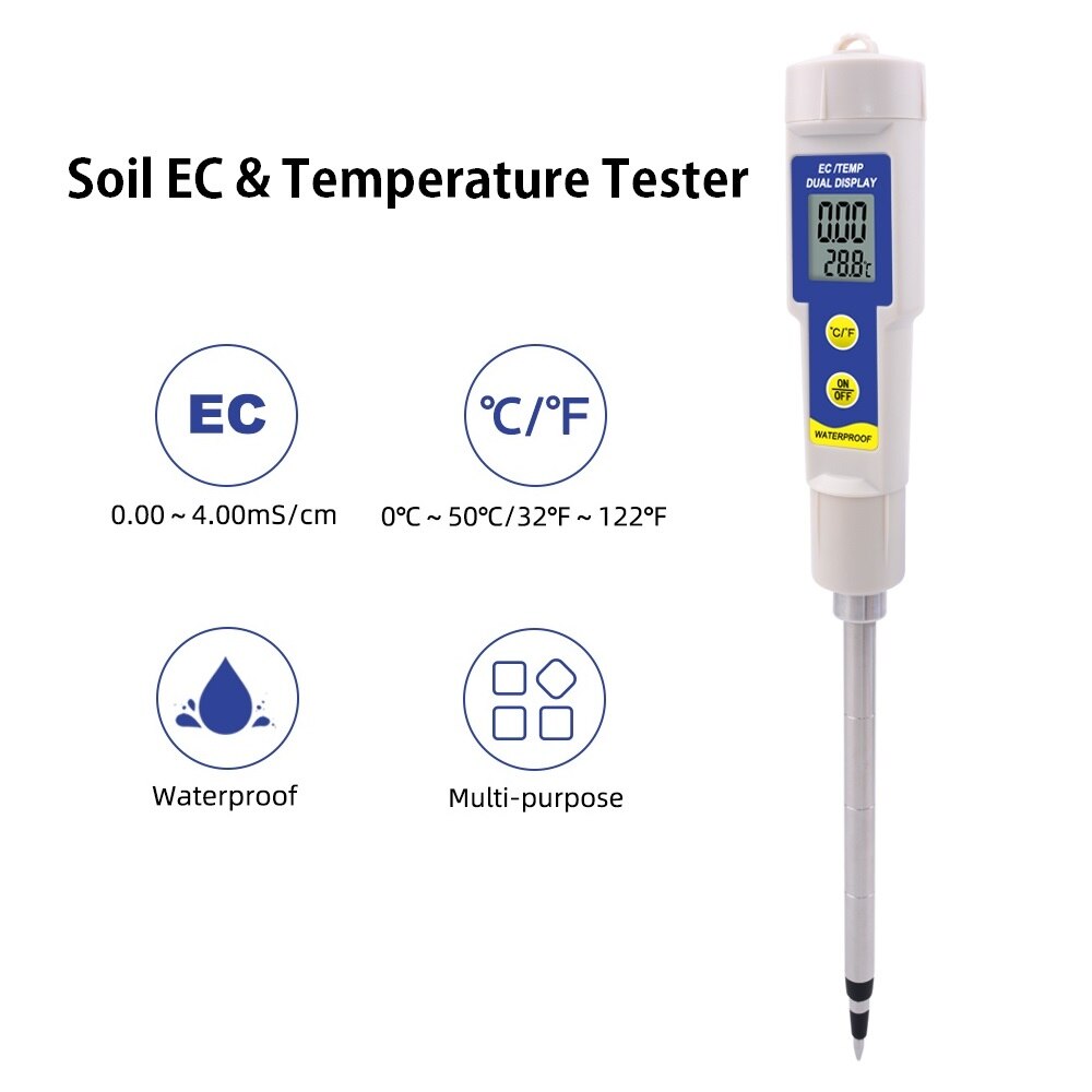 Digital Soil Tester with EC Meter and Soil Thermometer Waterproof Water Tester for Garden Lawn Farm Drinking Water