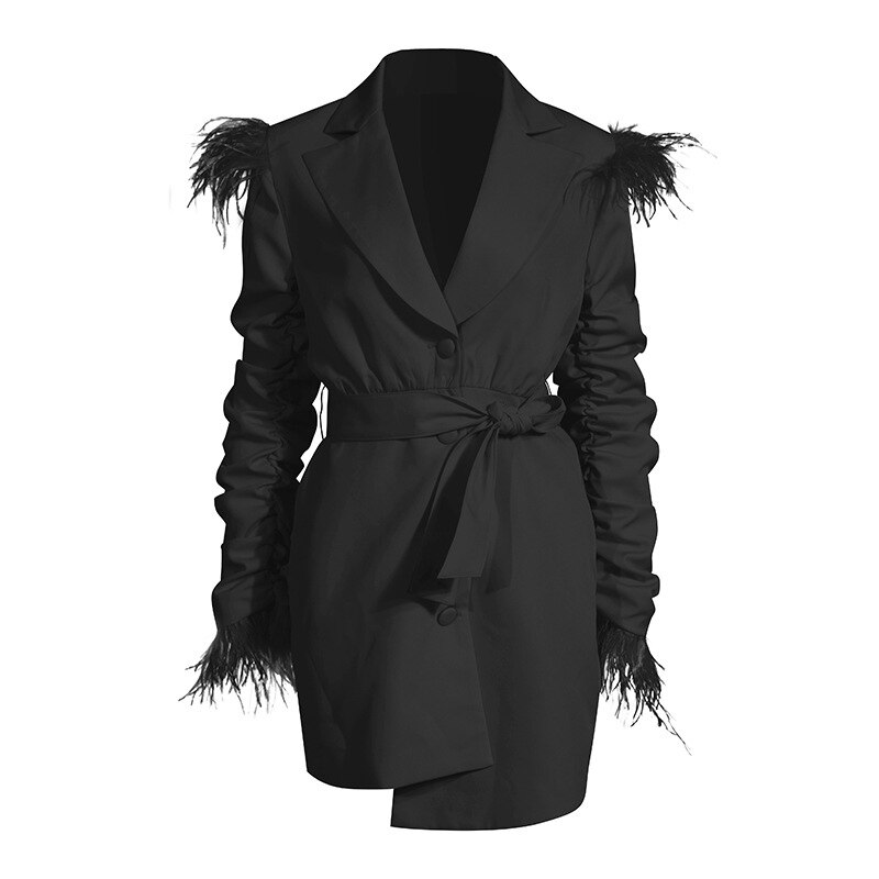 [EAM] vestido de temperamento Irregular de plumas plisadas para mujer, vestido holgado de manga larga con muescas, tendencia a la , primavera otoño 1DA242: Black / S