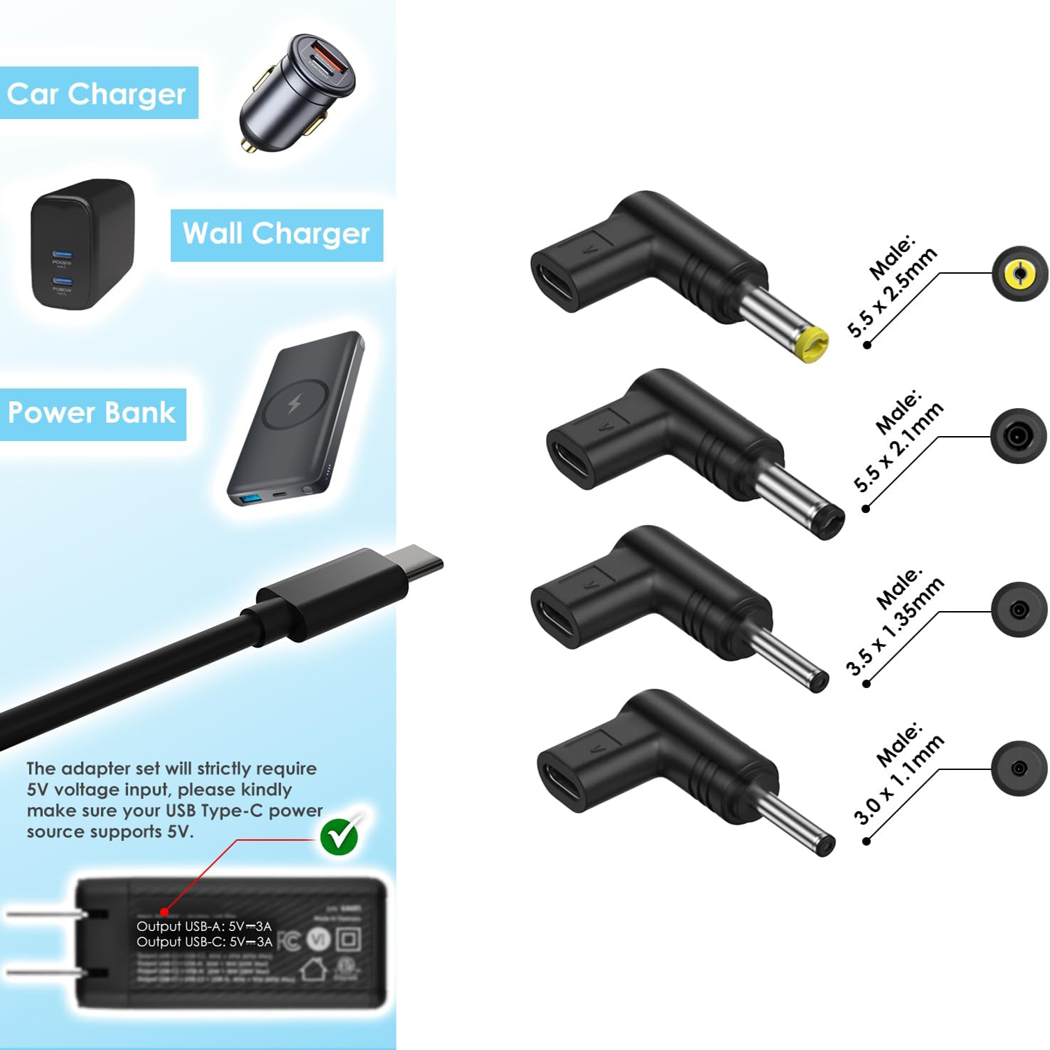 90-stopniowy kątowy adapter ładowania USB C do DC 5 V PD do laptopa, routera, zasilacza mobilnego Złącze ładowarki