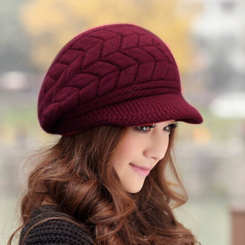 Winter Warm Knit Hat Wool Snow Ski Cap With Visor (Beige)