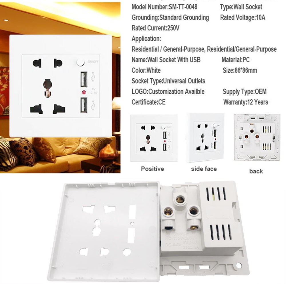 SUMMAO AC110-250V 13A Universal Wall Socket Hotel Multifunction Outlet With 2 USB Port Charger Bedroom ON/OFF Button Sockets