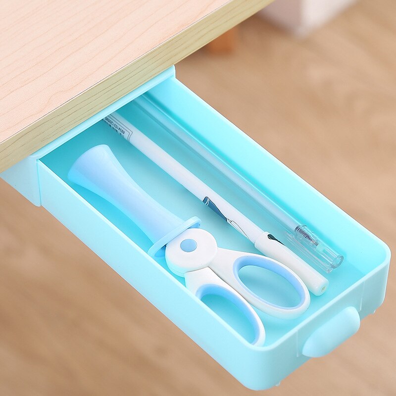 Wall-mounted Hidden Table Under Paste Desk Drawer Organizer Pen Stationery Storage Box Case Desk Drawer Box Kitchen Cocina: blue