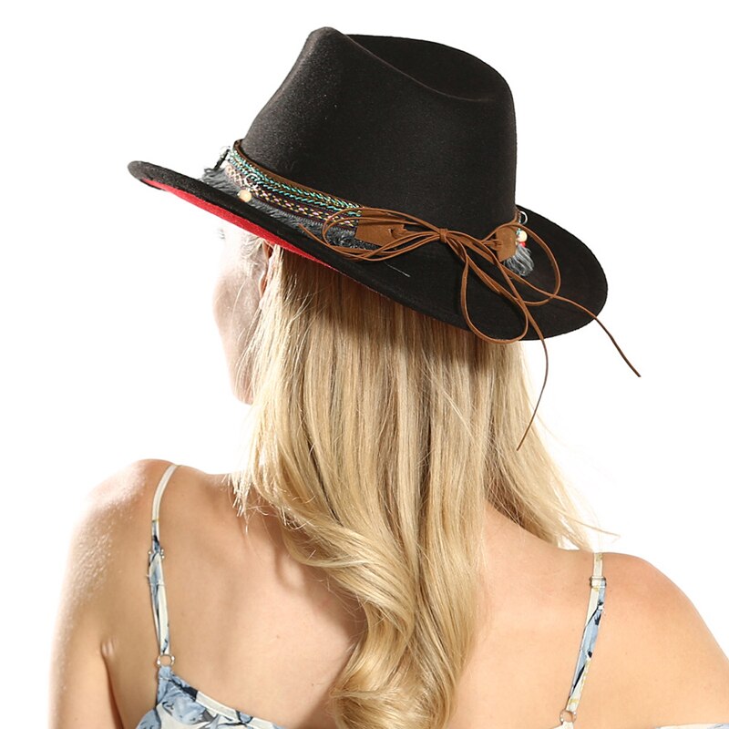 Unisex Men Women Black Red Patchwork Cowboy Felt Hat Larger Brim Panama Jazz Fedora Hats with National Style Ribbon