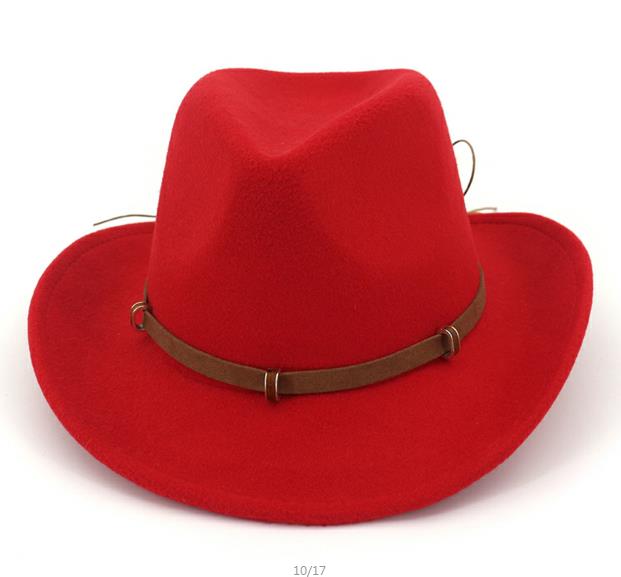 Læder dekoreret vestlig cowboy hat uldfilt jazz fedora hatte brede kant panama formel top cap sombreros til mænd kvinder: Rød
