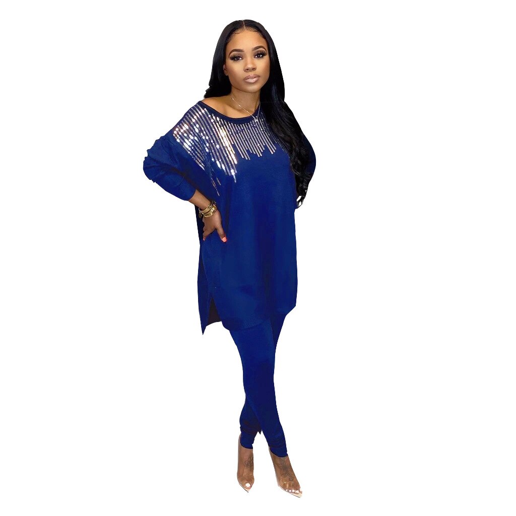 Dashiki Traditional African Clothing Two Piece Set Women Africaine Print Bodycon Dress+Pants African Clothes: Blue / S