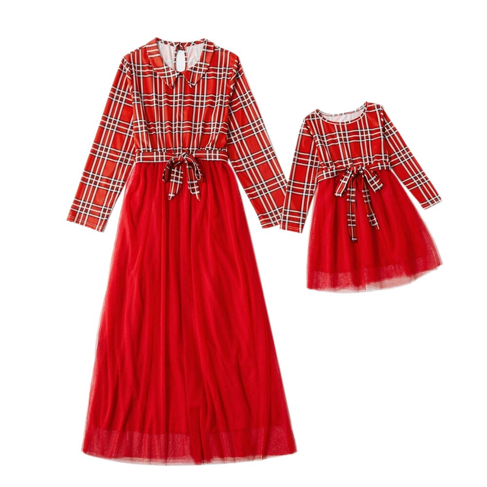 Women Baby Girls Family Matching Clothes Mother Daughter Lace Tulle Red Dress Princess Plaid Mesh Splice Dress Wedding Ball Gown