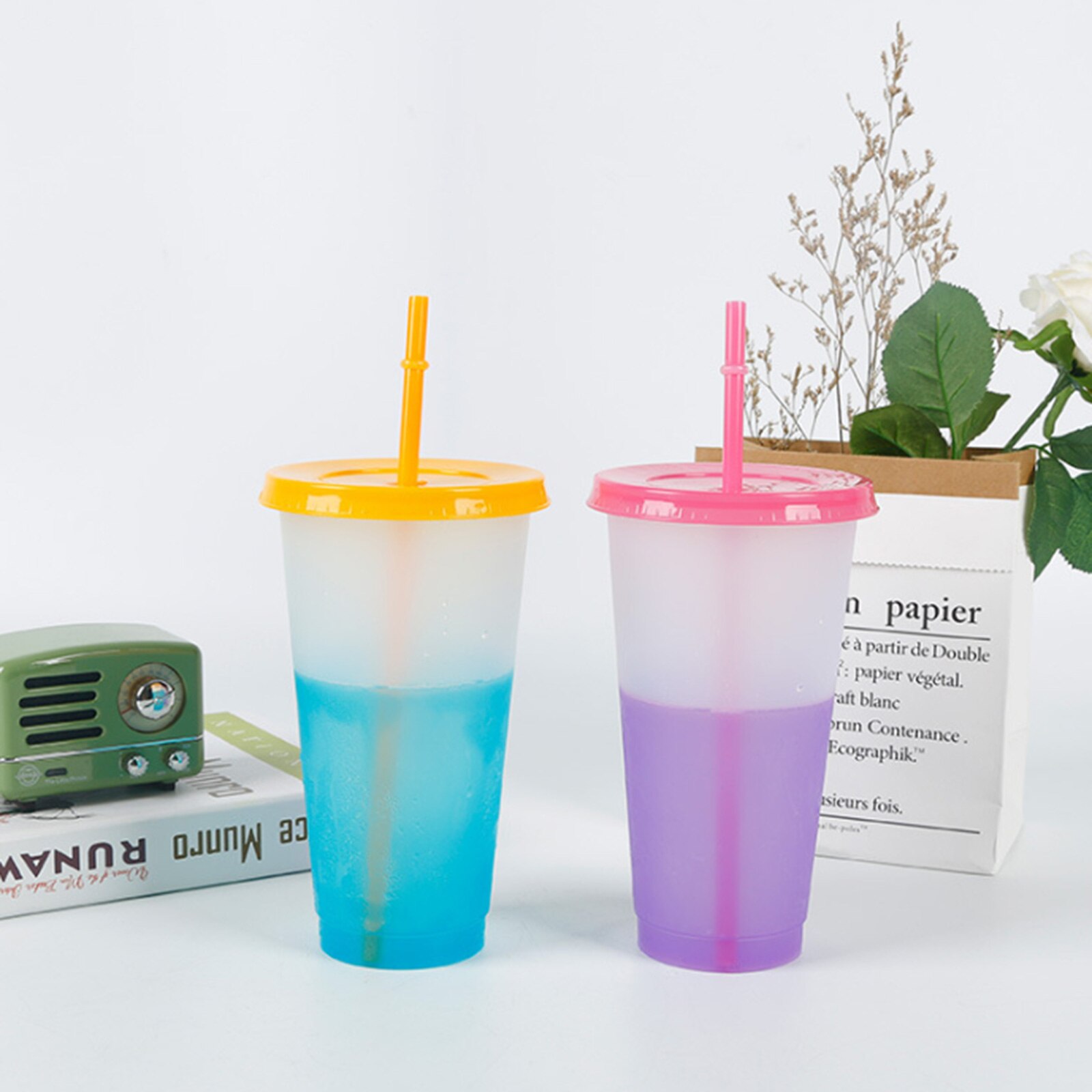 7pcs Reusable Color Changing Cups Cold Drinks Travel Tumbler with Lid Straw 24oz Coffee Juice Beverage Cup Color Changing