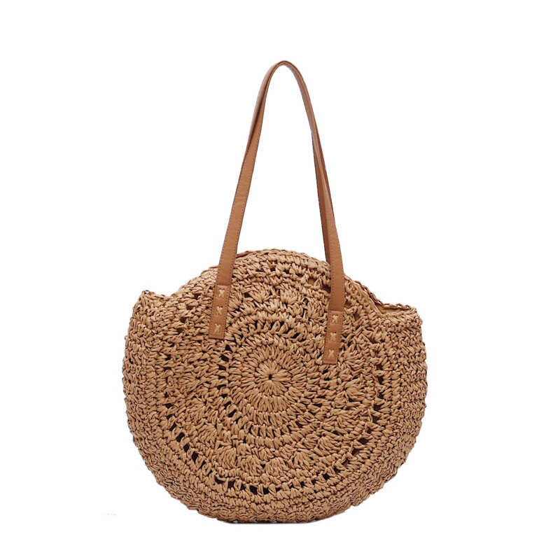 Round Ladies Straw Woven Bag Simple Shoulder Bag Beach Bag Large Capacity Handbag Women Bags Casual Tote Zipper: 2loukong Brown