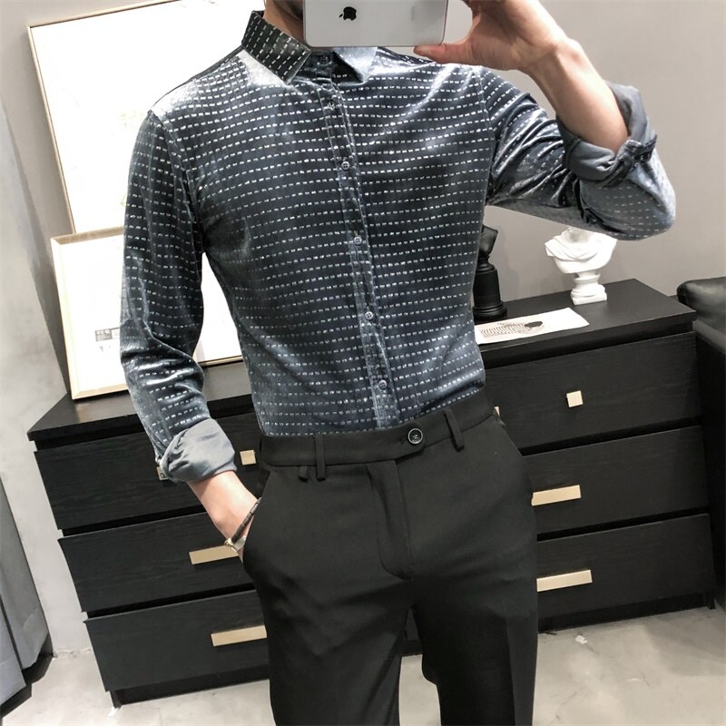 Polka Punkte Gedruckt Velours Herren Kleidung modisch Modische Grau Blau Samt Kleid Gentleman Herren Bluse Weichen Unsual Hemden