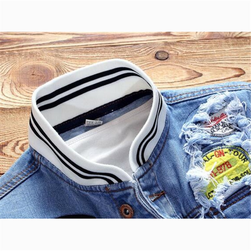 Denim Jas Heren Hip Hop Gat Ongedwongen Bomberjack Jas Herfst Slanke Stand Jean Jas Plus Size S-5XL chaqueta Hombre