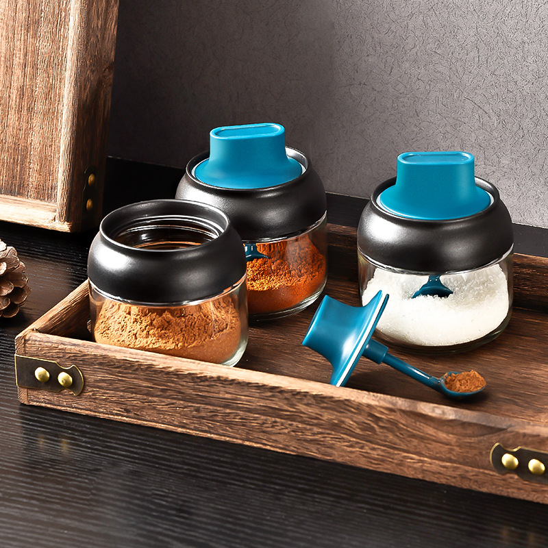 280ML Cover spoon integration honey glass Jar Spice Airtight Containers Condiment Salt Seasoning oil brush pot seasoning pot