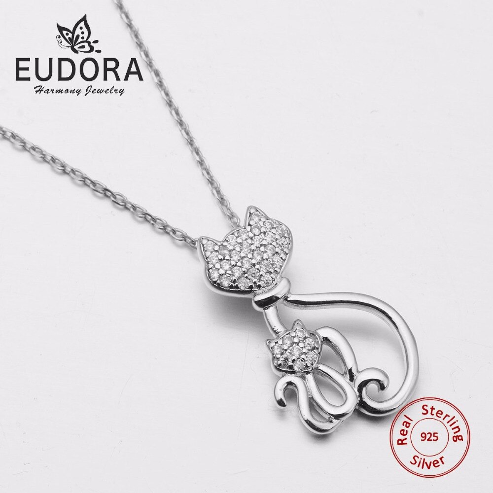 Eudora Genuine 925 Sterling Silver Necklaces Cats Pendants&Necklaces Sterling Silver 925 Kitty Necklace Jewelry Colar de