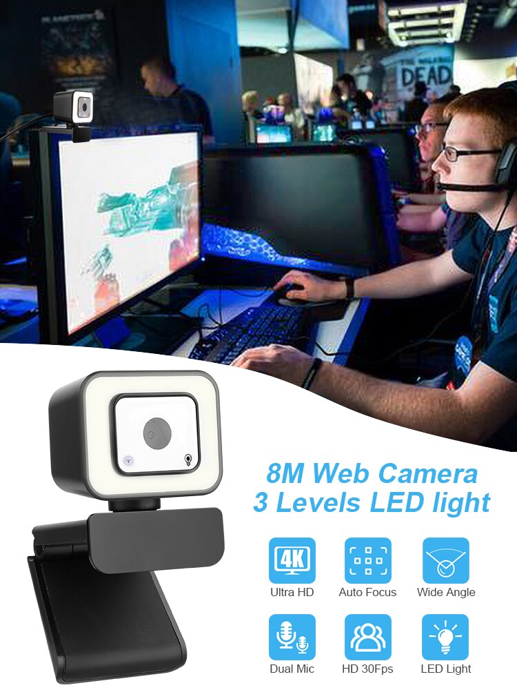 30FPS 1080P 4K HD Webcam Autofocus Web Camera for PC Laptop Computer with Microphone Ring Light Conference Video Camera