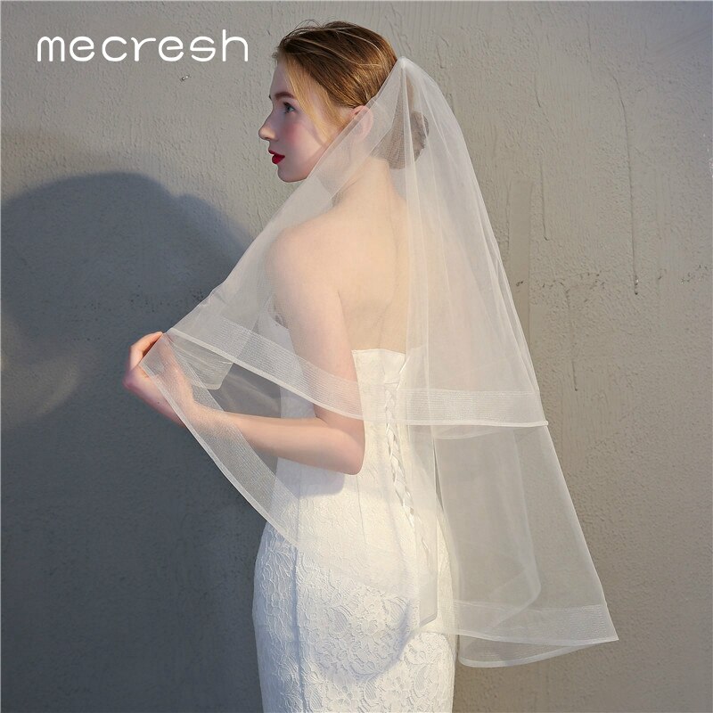 Mecresh Band-Rand Braut Hochzeit Schleier 2 Schichten Weiß Elfenbein Ellenbogen Länge Tüll Mariage Schleier Mit Kamm Frauen Zubehör TS001